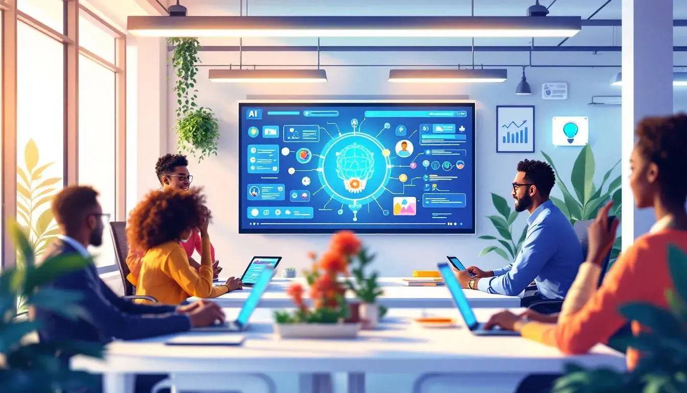 Employees engaged in AI literacy training, showcasing the importance of understanding AI in the workplace.