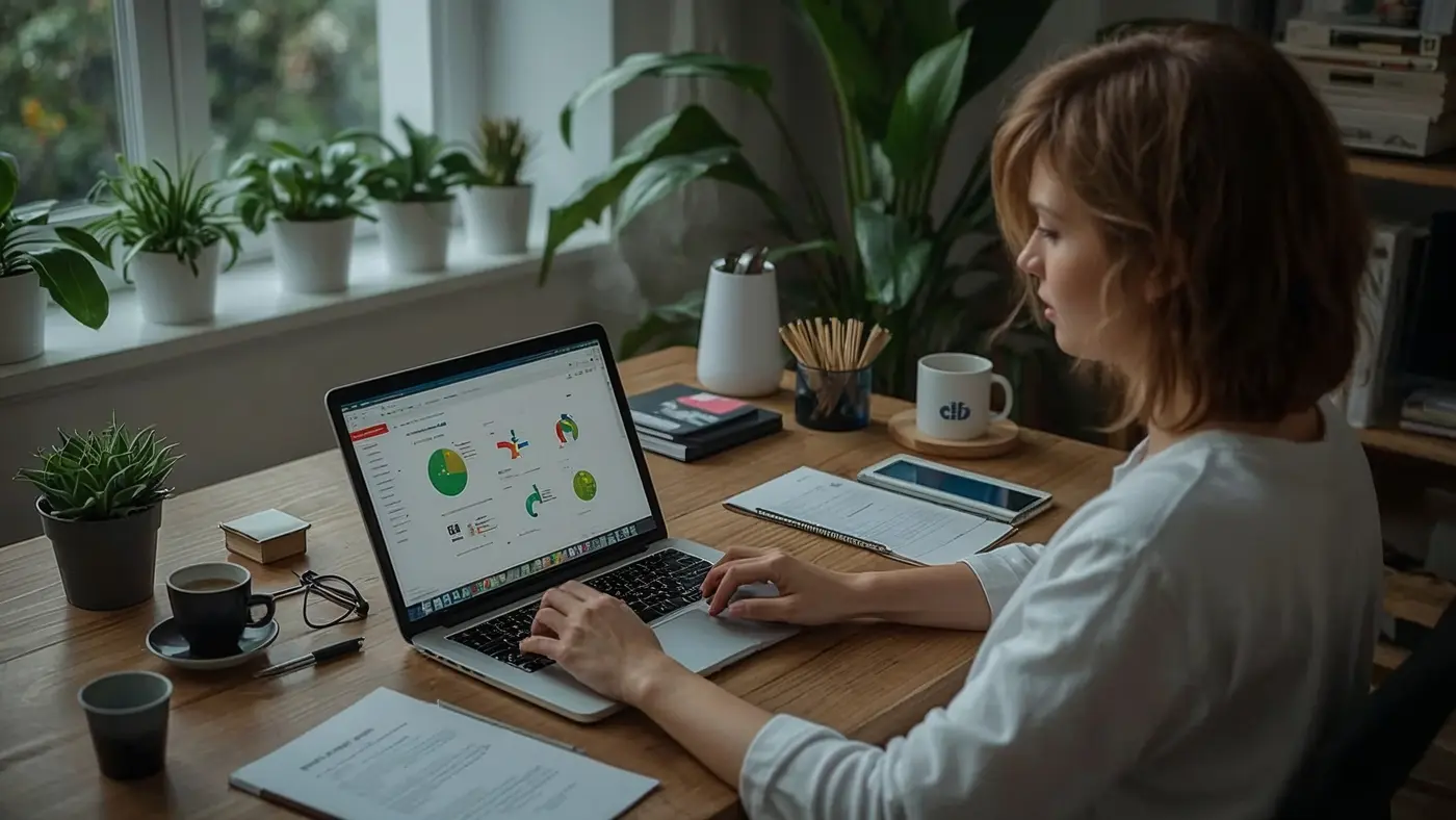 A business owner working remotely from a home office, using a laptop and tablet, with visible paperwork and plants illustrating digital product flexibility.