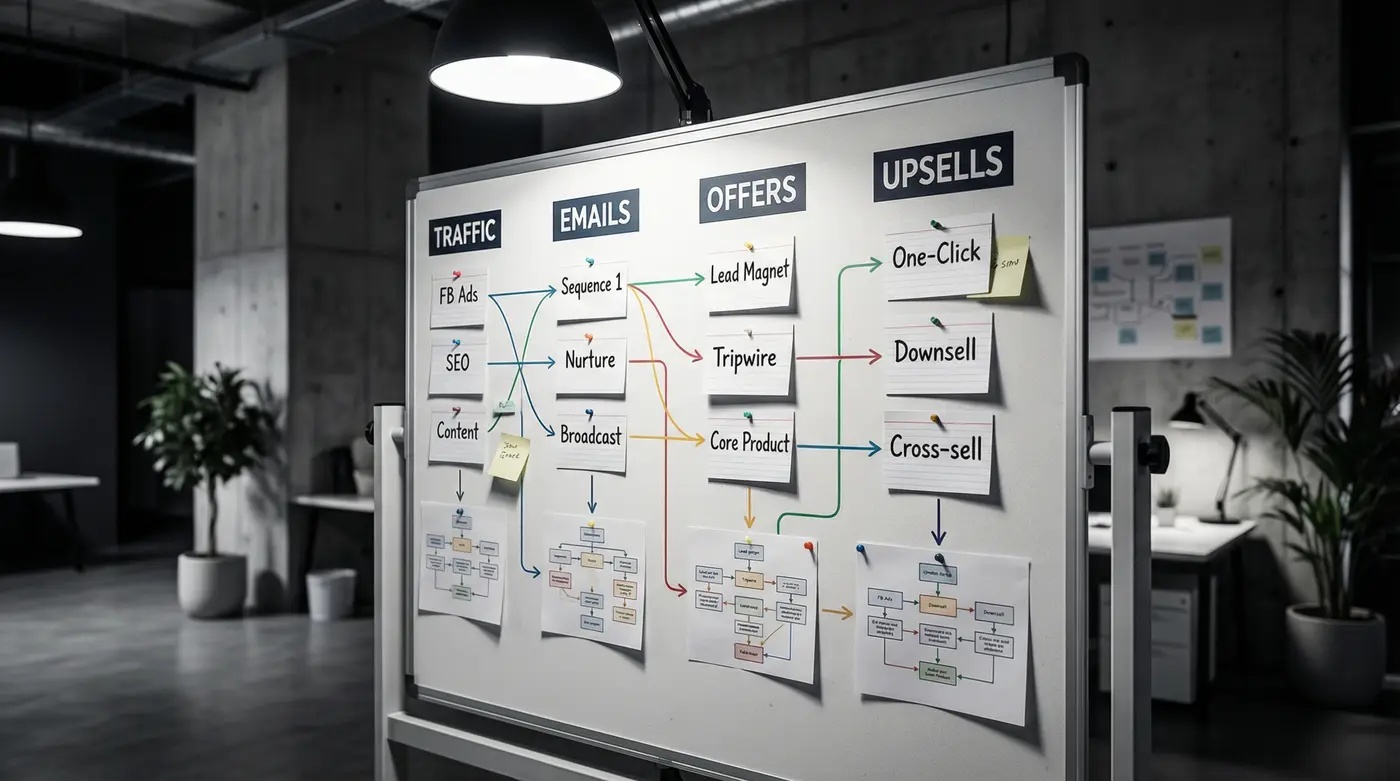 automated-funnel-steps-traffic-emails-offers-upsells-workflow-board