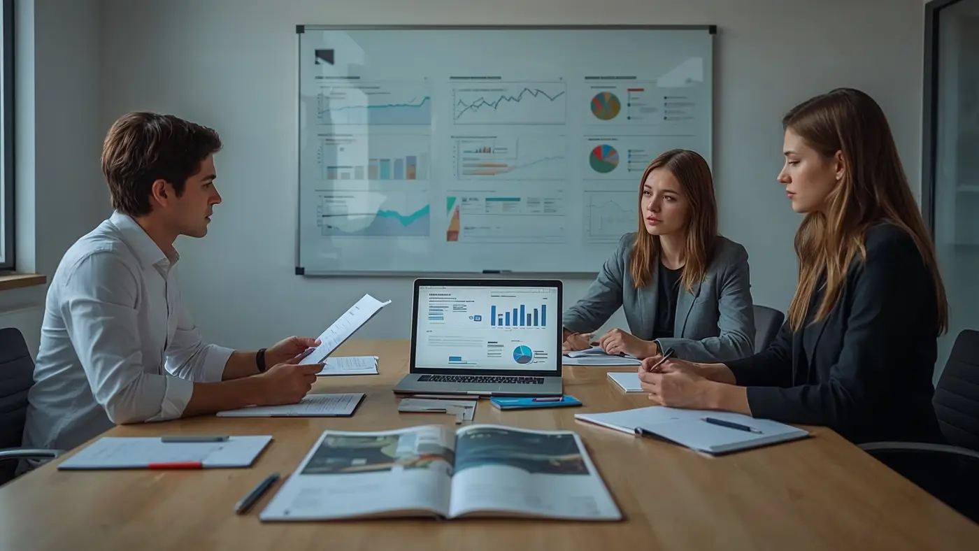 Two small business team members collaborating over printed analytics and a laptop displaying AI-generated data in a bright, professional meeting room.