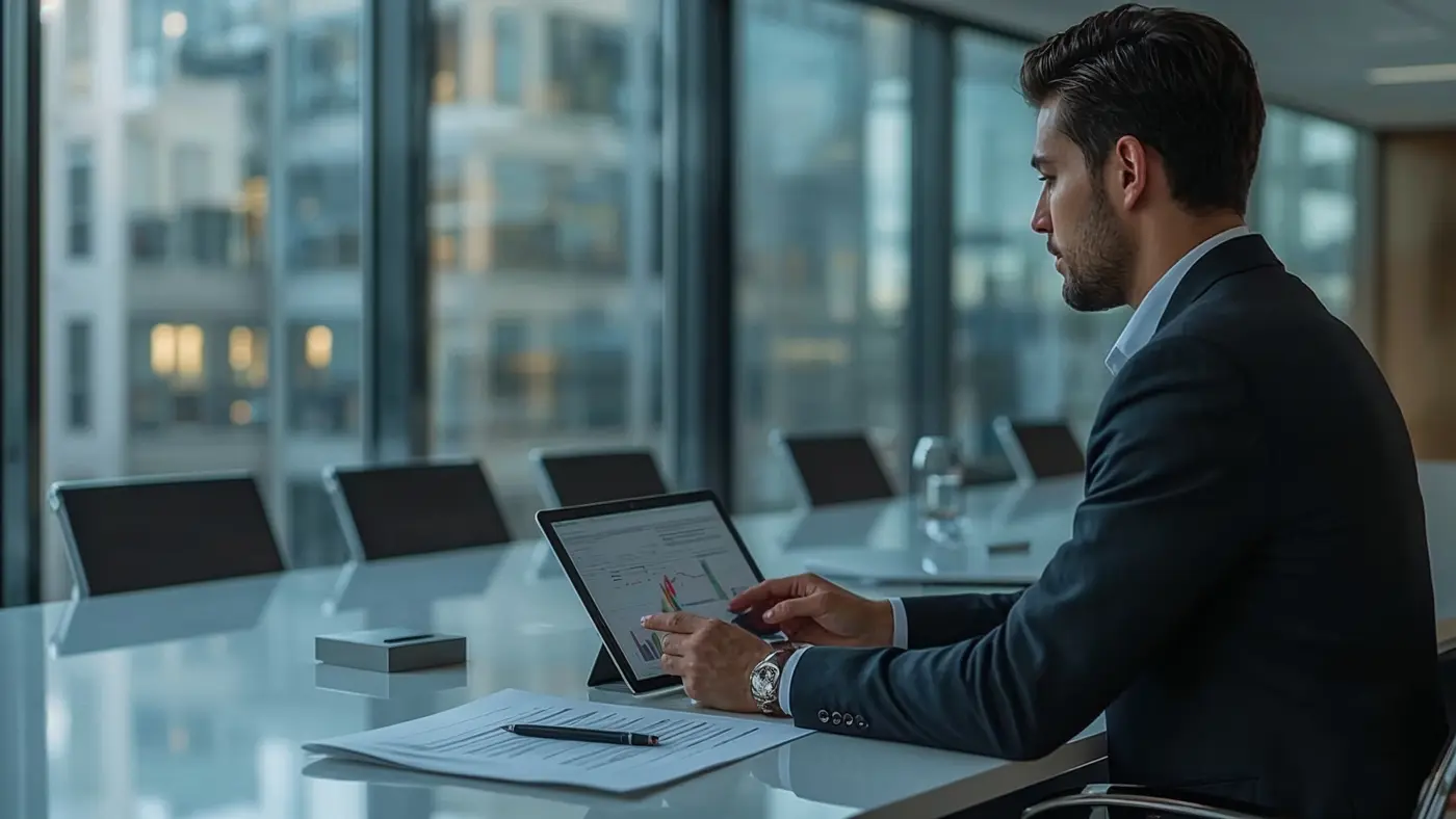 Business consultant reviewing AI compliance and analytics dashboards in a modern conference room, natural daylight