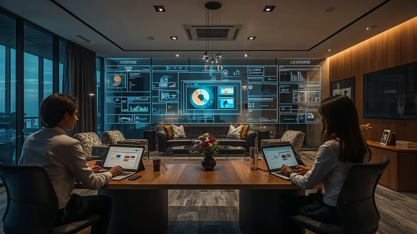 A hyper-realistic high-end real estate or financial office with professionals using AI-powered systems for data analysis and personalized client service, set in a modern, luxurious environment.