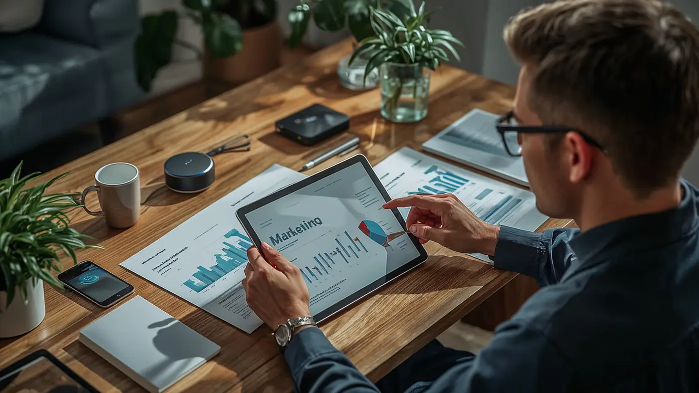 A solopreneur analyzes marketing reports with AI-powered business tools in a naturally lit workspace.