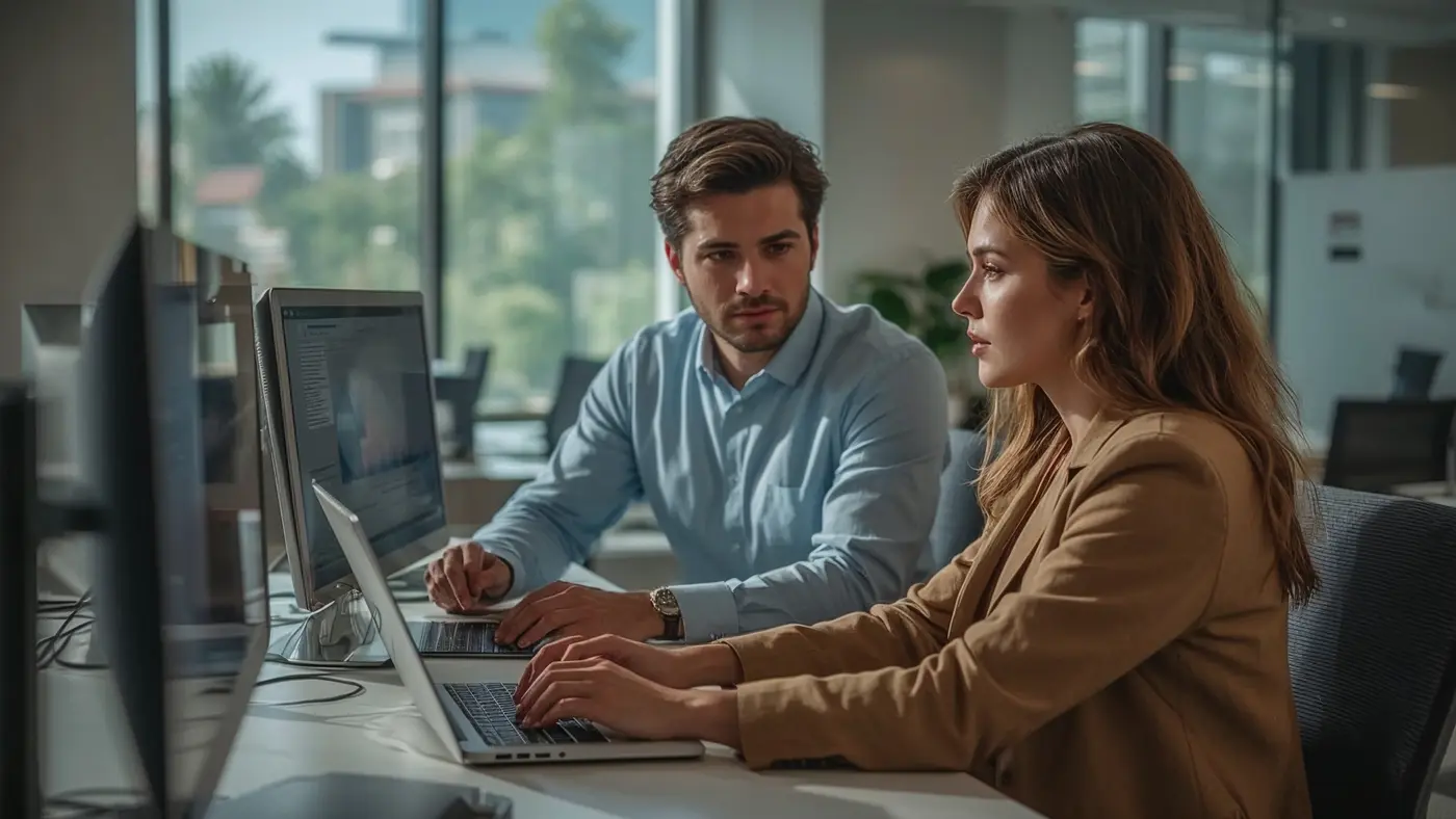 Two entrepreneurs collaborating in a modern office, using AI dashboards on their devices with natural daylight.
