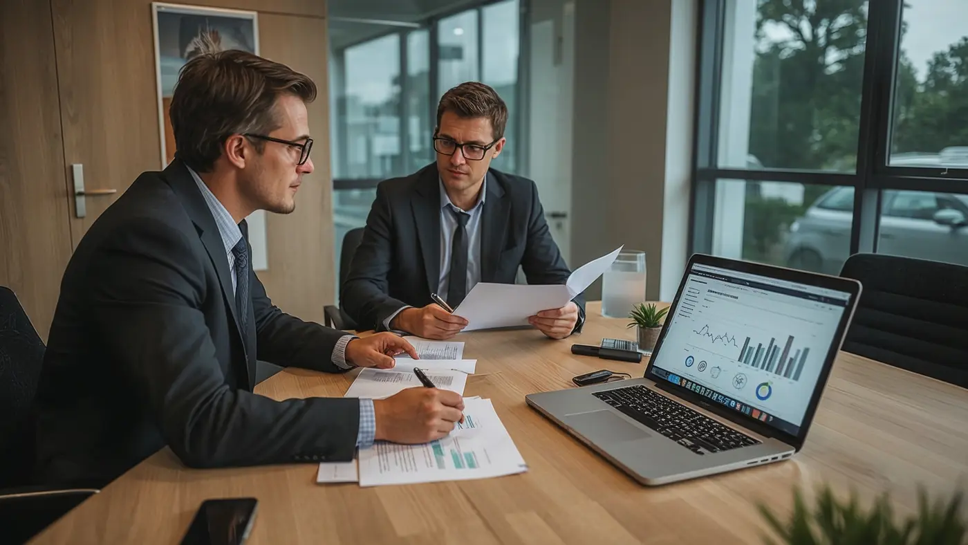 A hyper-realistic scene of a business consultant and client in a conference room reviewing printed documents and AI-driven analytics on a laptop, with visible security elements.