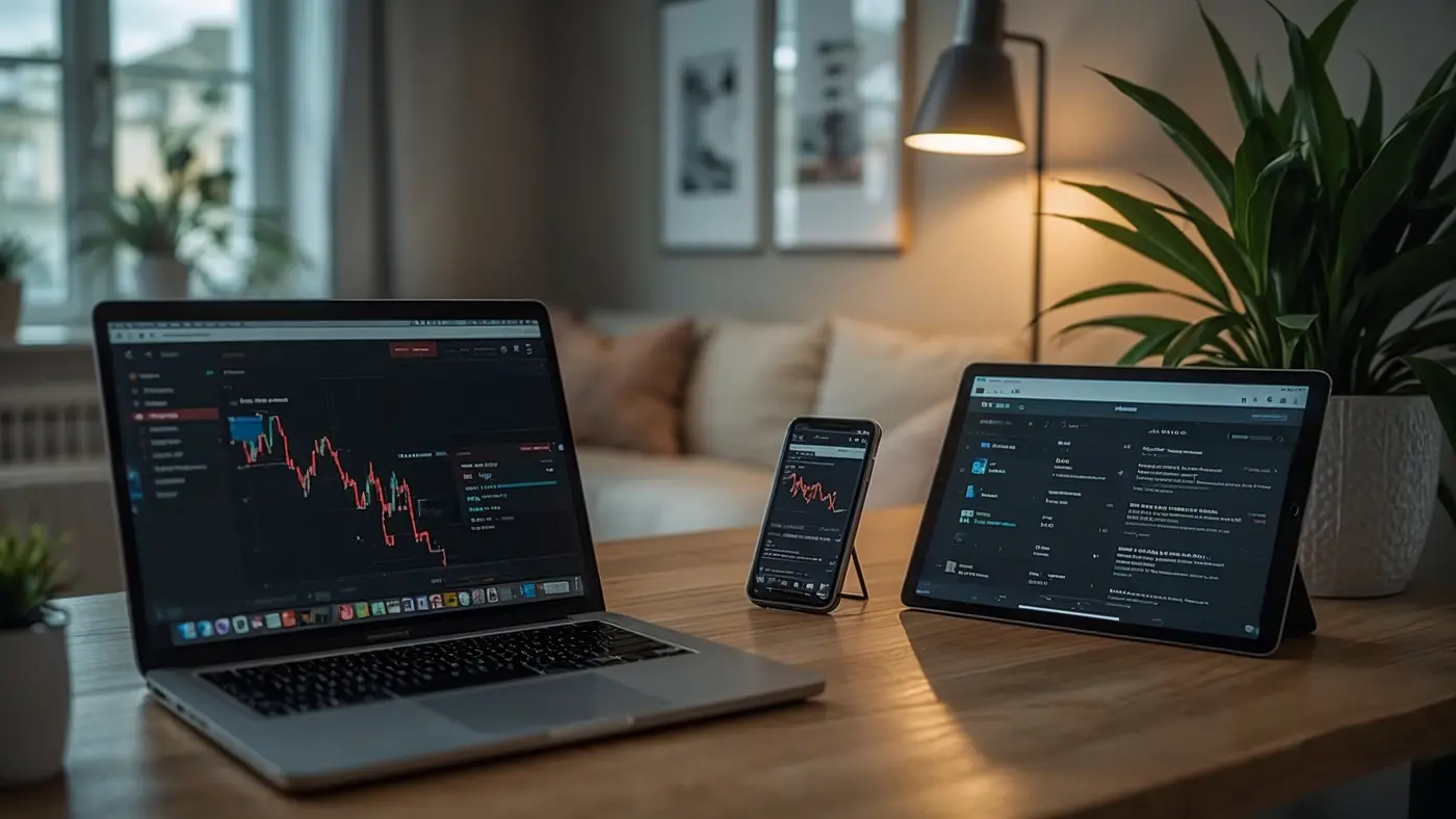 A hyper-realistic workspace with multiple devices running AI business applications, suggesting productivity and technology integration.