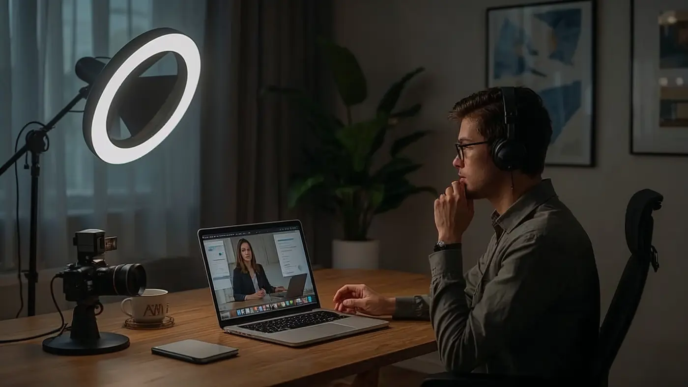 A coach recording a course video in a professional home office with AI script tools on a laptop, surrounded by modern recording equipment.