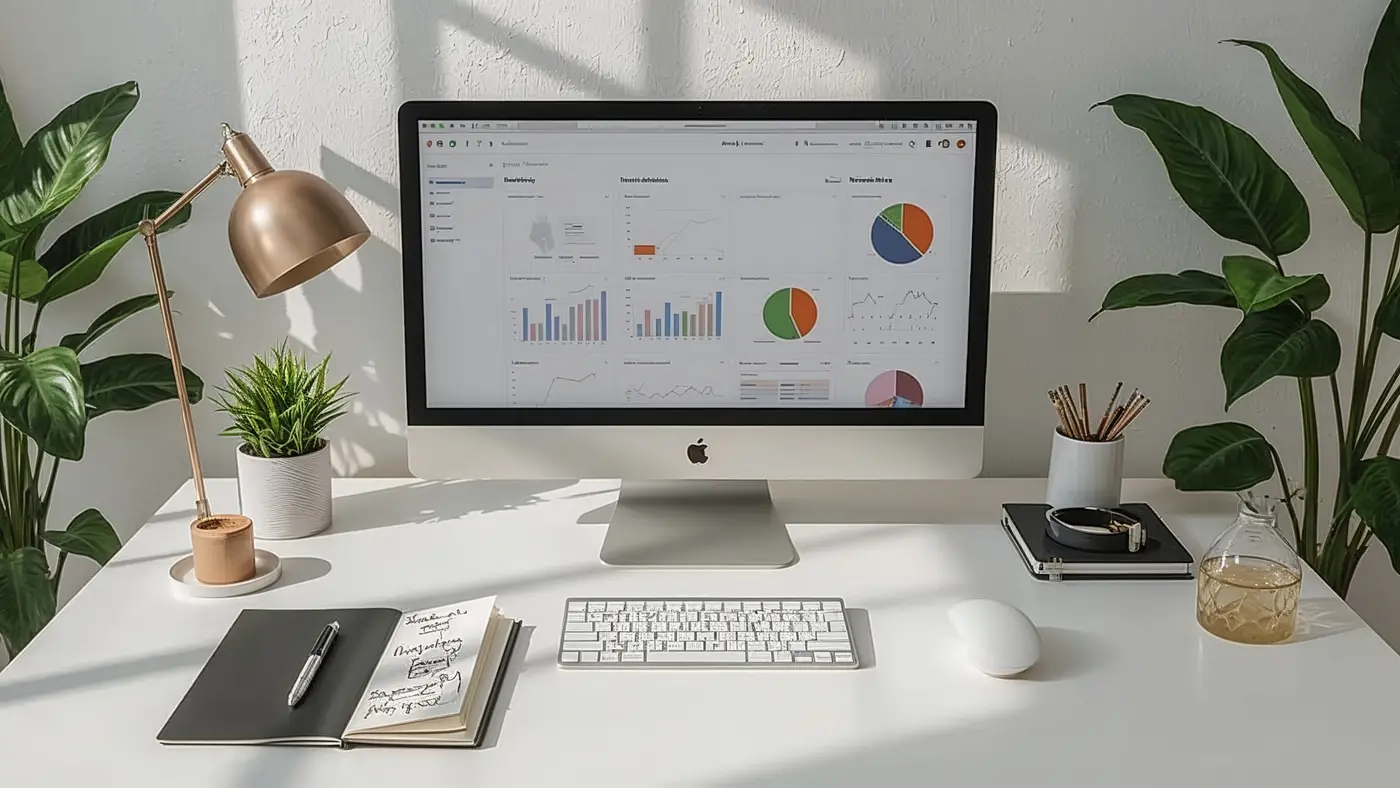A minimalist home office desk setup with a computer screen showing subscription analytics, a notepad with handwritten strategies, and natural sunlight highlighting the workspace