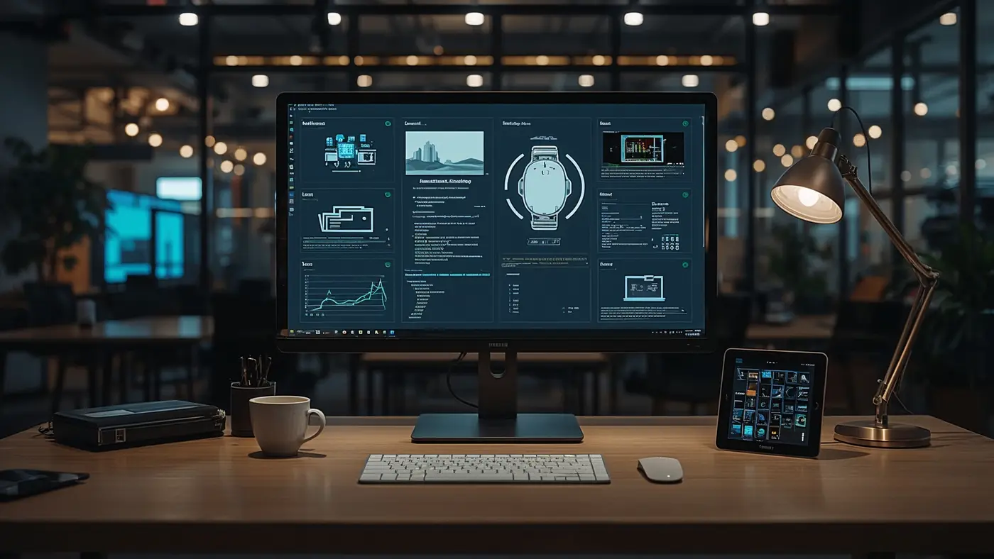 A hyper-realistic digital agency workspace with a large monitor displaying AI workflow automation tools, tech gadgets, and coffee