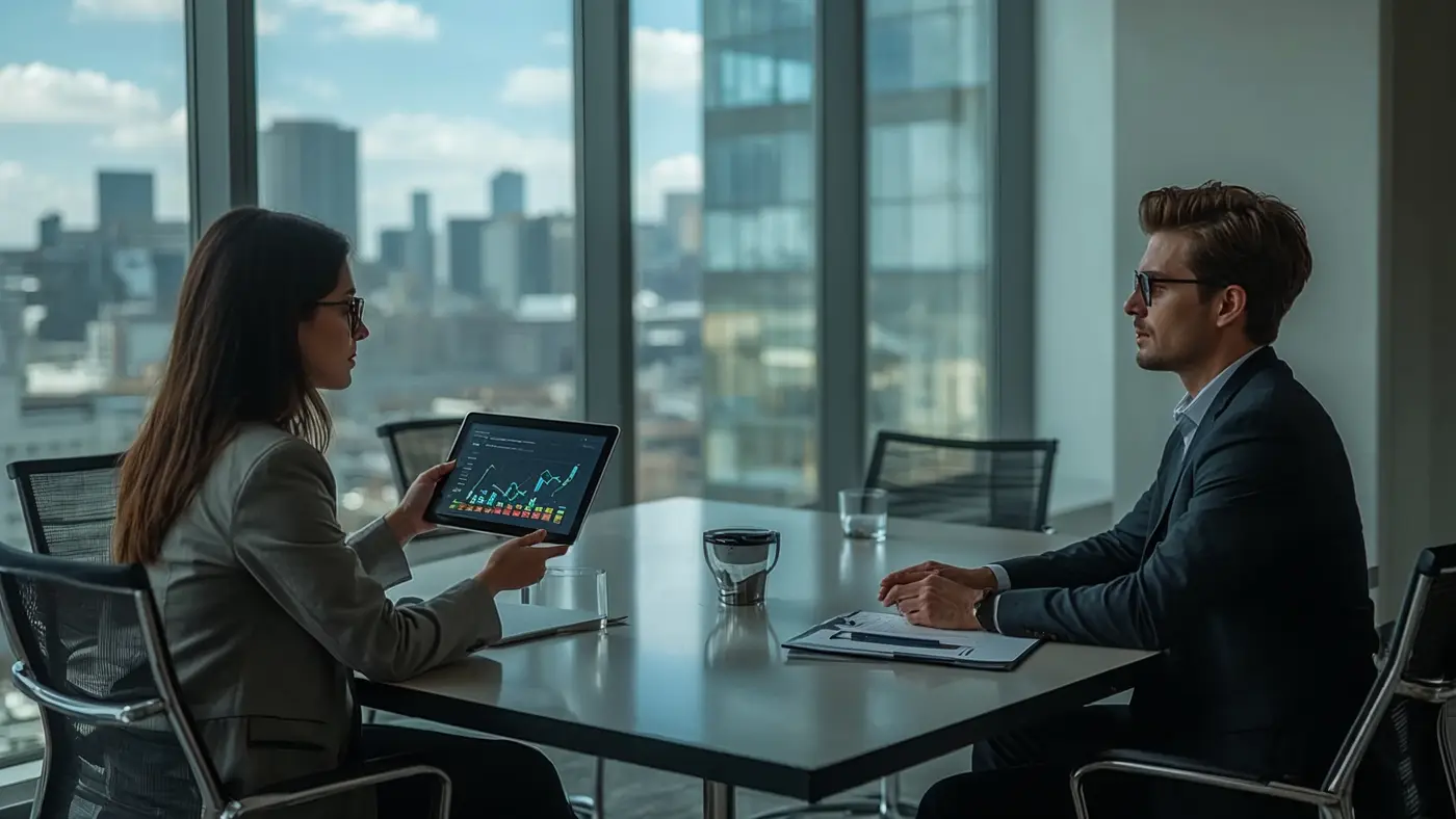 A hyper-realistic business meeting between two professionals, with one presenting AI-powered cross-sell recommendations on a tablet in a modern conference room.