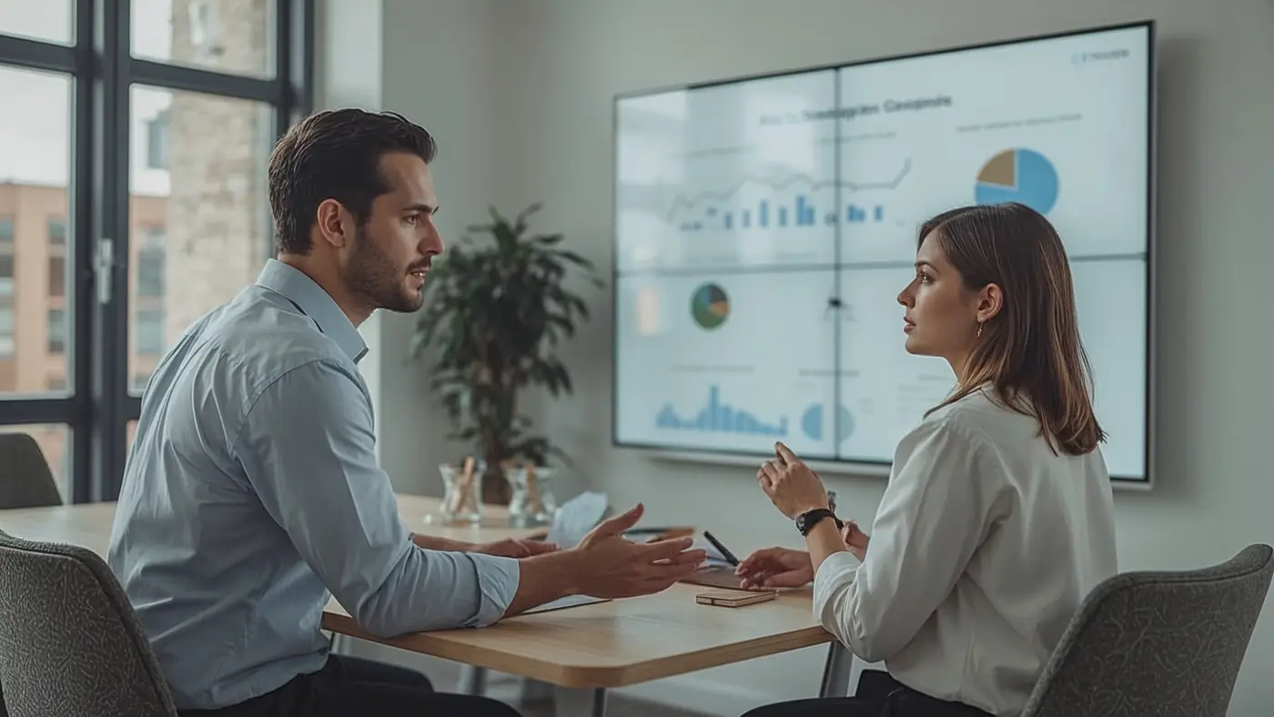 Hyper-realistic image of two professionals collaborating in a modern meeting room with AI branding strategies displayed on a digital screen.