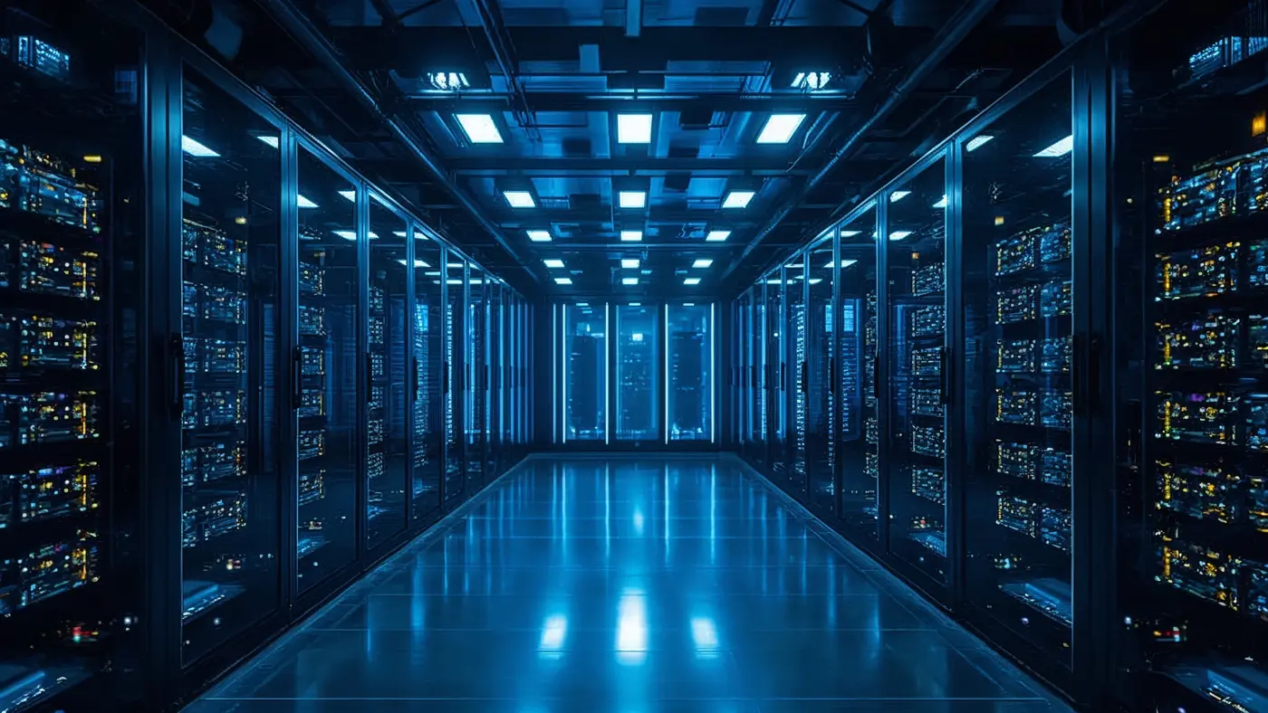 Sleek, modern data center with glowing LED lights and server racks, representing AI infrastructure