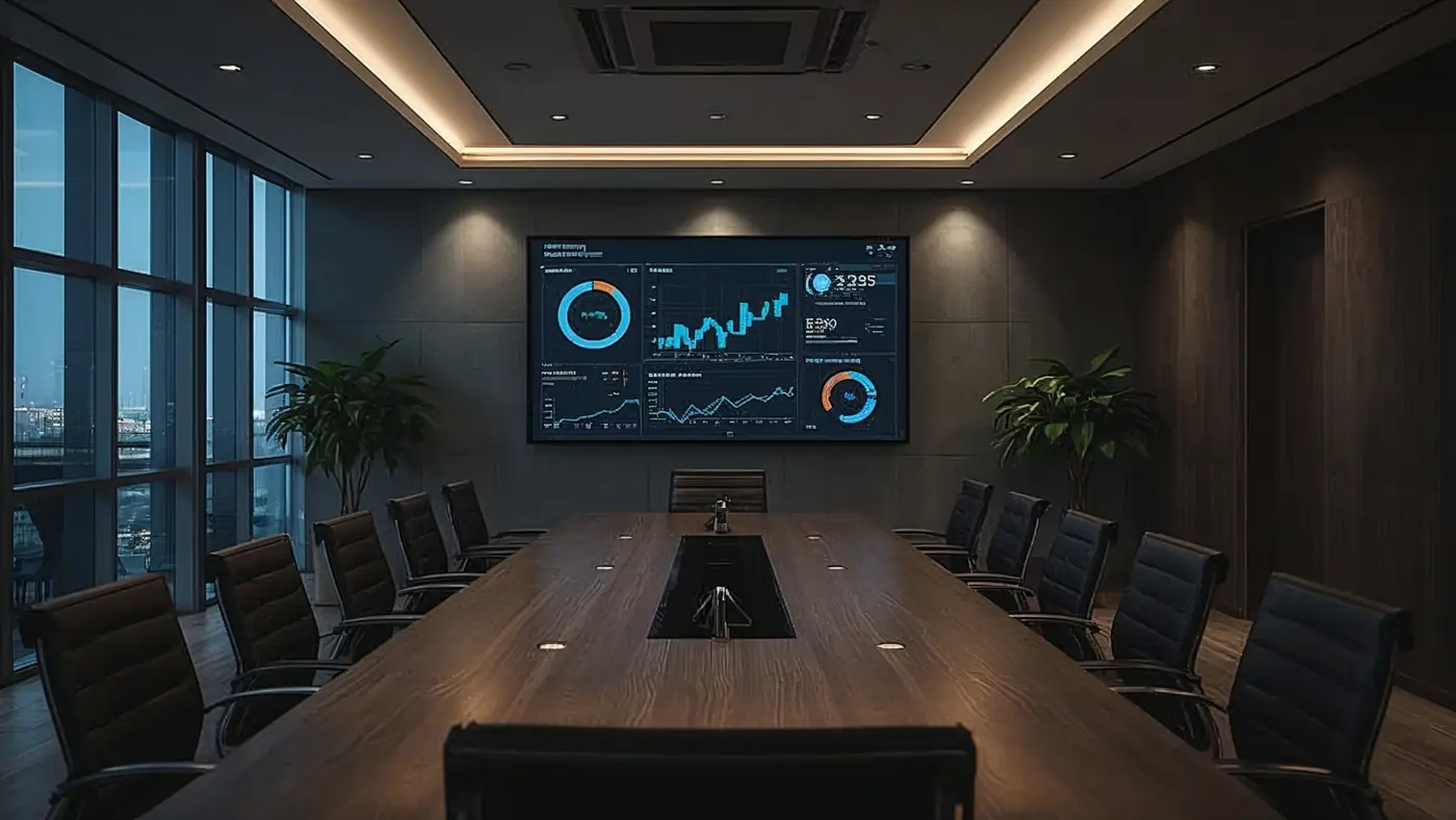 Executive analyzing AI-powered dashboard with performance metrics in a modern boardroom