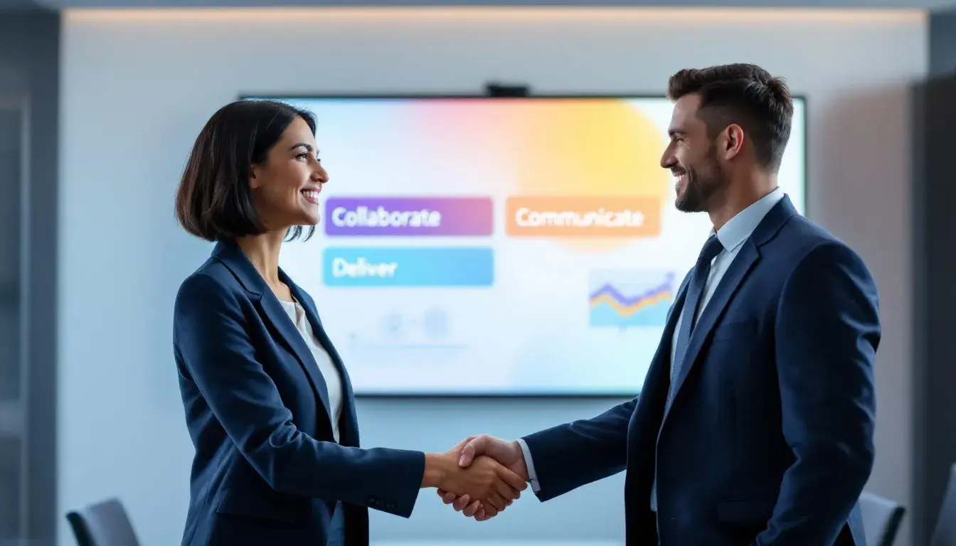 A professional shaking hands with a client, symbolizing trust and relationship building.