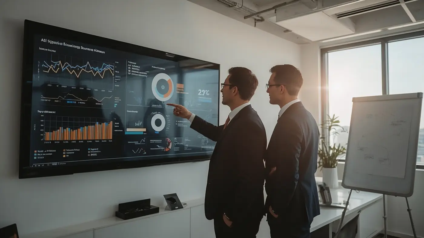 A hyper-realistic photo of two professionals discussing business strategy with AI-generated reports on a large digital screen in a modern office.