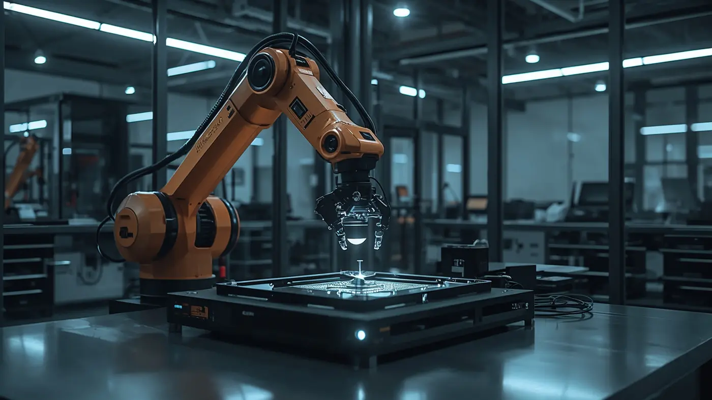 A hyper-realistic photo of an AI-powered robotic arm working with a product prototype in a high-tech lab, demonstrating automation in product development