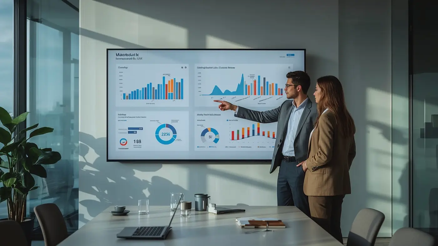 Two professionals collaborating in a modern office, one pointing at a large wall-mounted screen with AI-powered webinar metrics and colorful data visualizations.