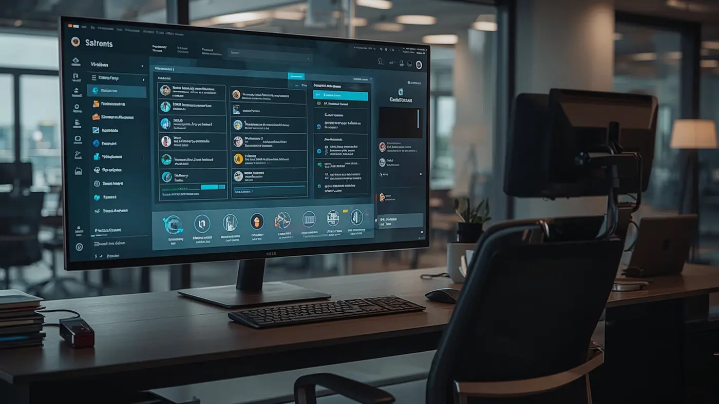 Modern AI-powered customer service station with advanced chatbot interface in a sleek office.
