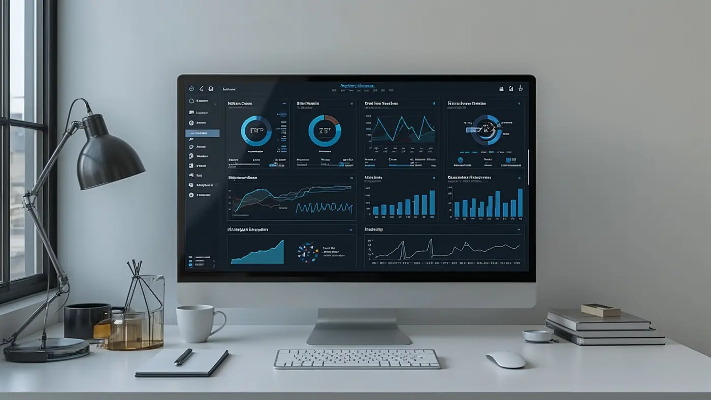 Minimalist desktop setup with monitor displaying workflow automation dashboard, analytics graphs, and template performance metrics.