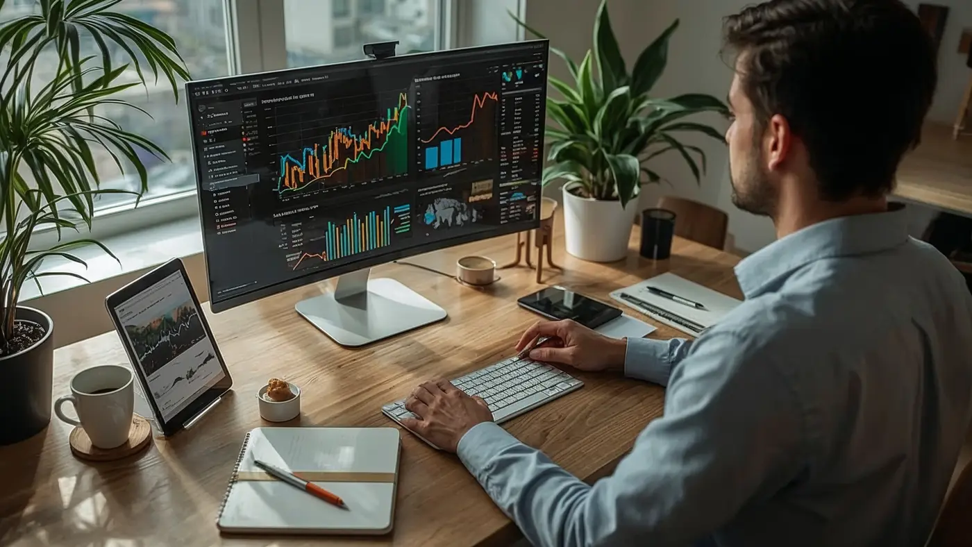 Entrepreneur in a stylish home office analyzing market research data on a large monitor, with daylight streaming through a window.
