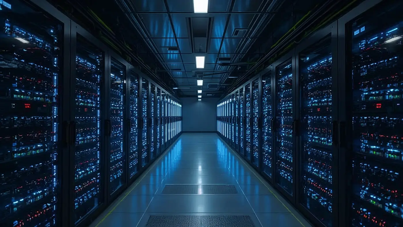 A hyper-realistic server room with advanced server racks and modern LED lighting representing AI startup technology.