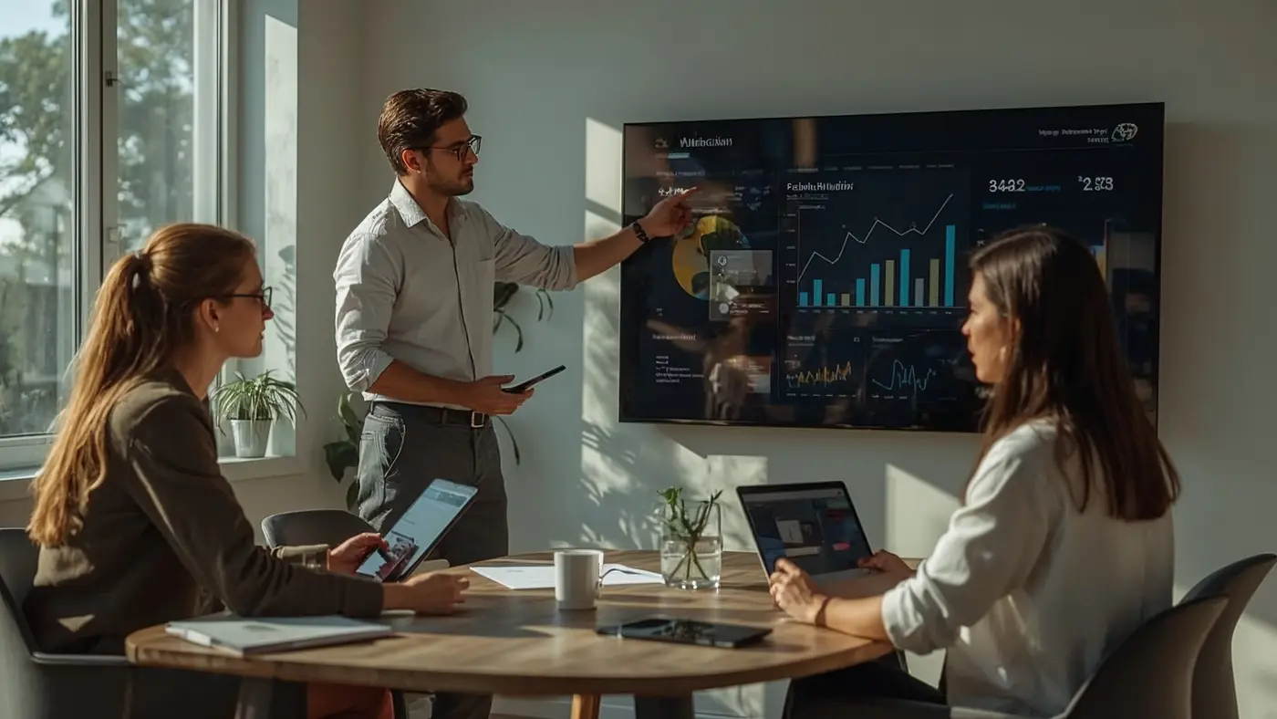 A small team in a modern office discussing an AI-powered analytics dashboard on a screen, with natural daylight and a collaborative atmosphere.