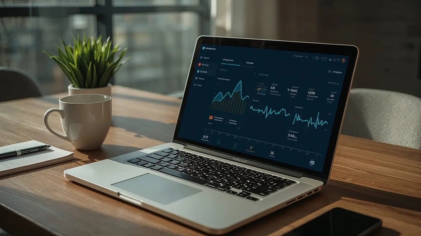 A hyper-realistic close-up of a laptop displaying an advanced CRM dashboard with AI-powered sales follow-up automation features and analytics, in a bright, modern workspace.