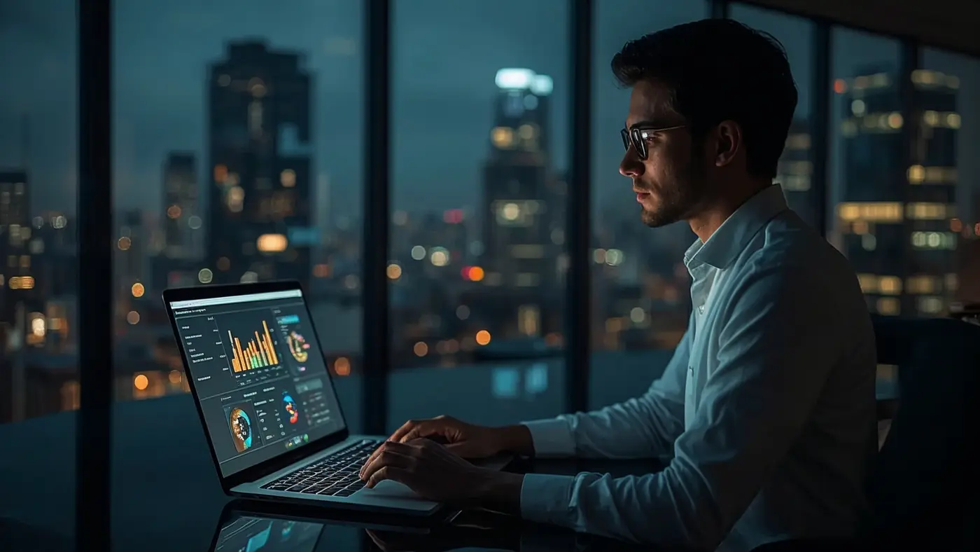 A professional working at night in a contemporary office, focused on an AI-powered dashboard on a laptop with city lights outside the window.