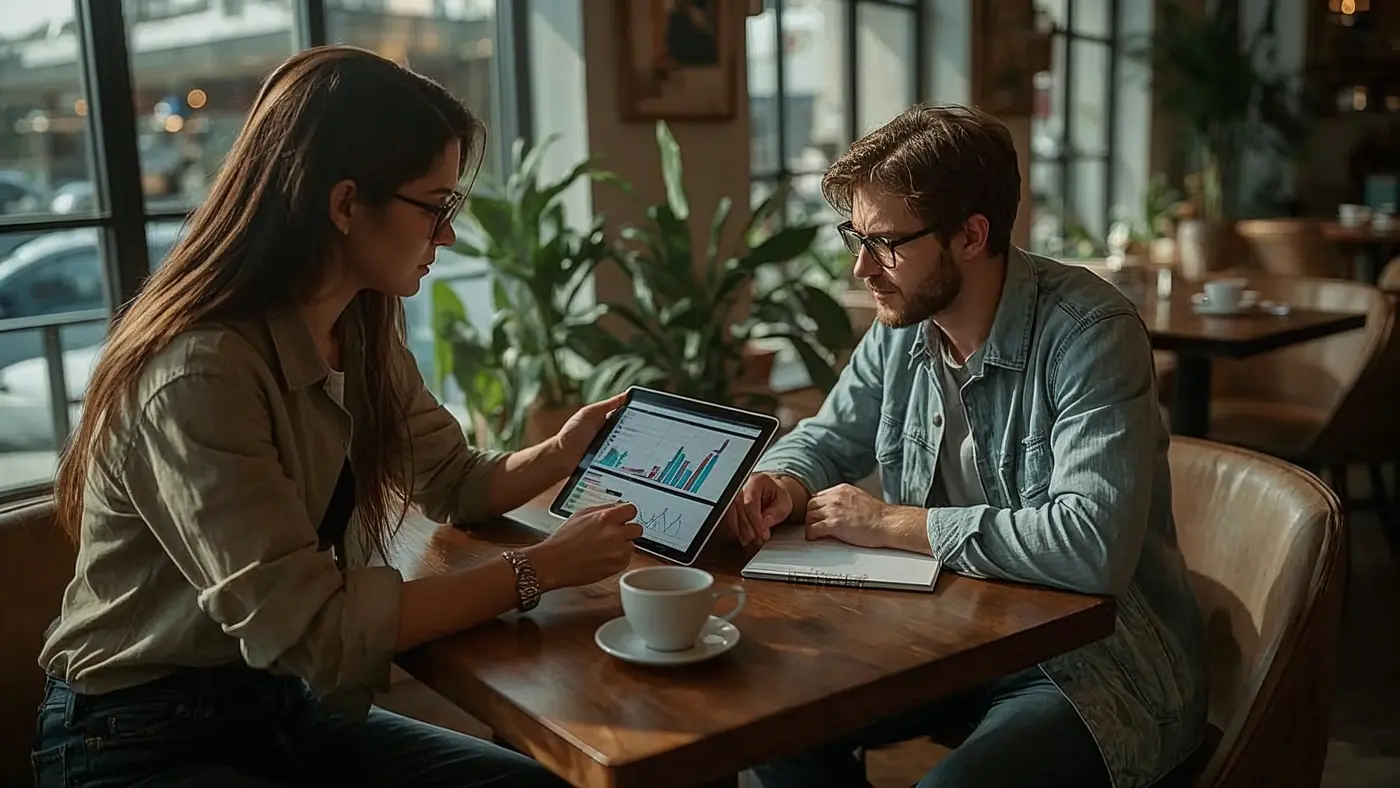 Two freelancers collaborating at a modern café table, looking at a tablet with AI-driven analytics, in a hyper-realistic, warmly-lit real photo scene.
