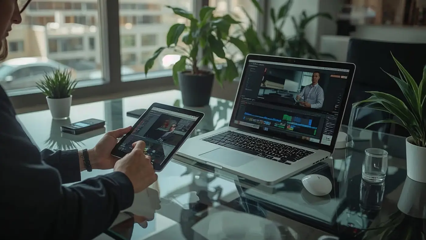 A single professional using a tablet and laptop in a bright, contemporary workspace, managing AI-powered video editing and LinkedIn automation tools.