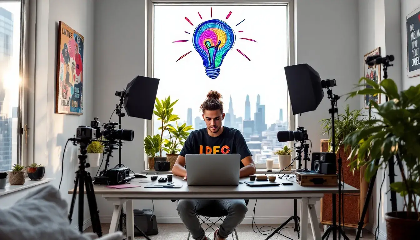 A person setting up a YouTube channel, surrounded by video equipment.