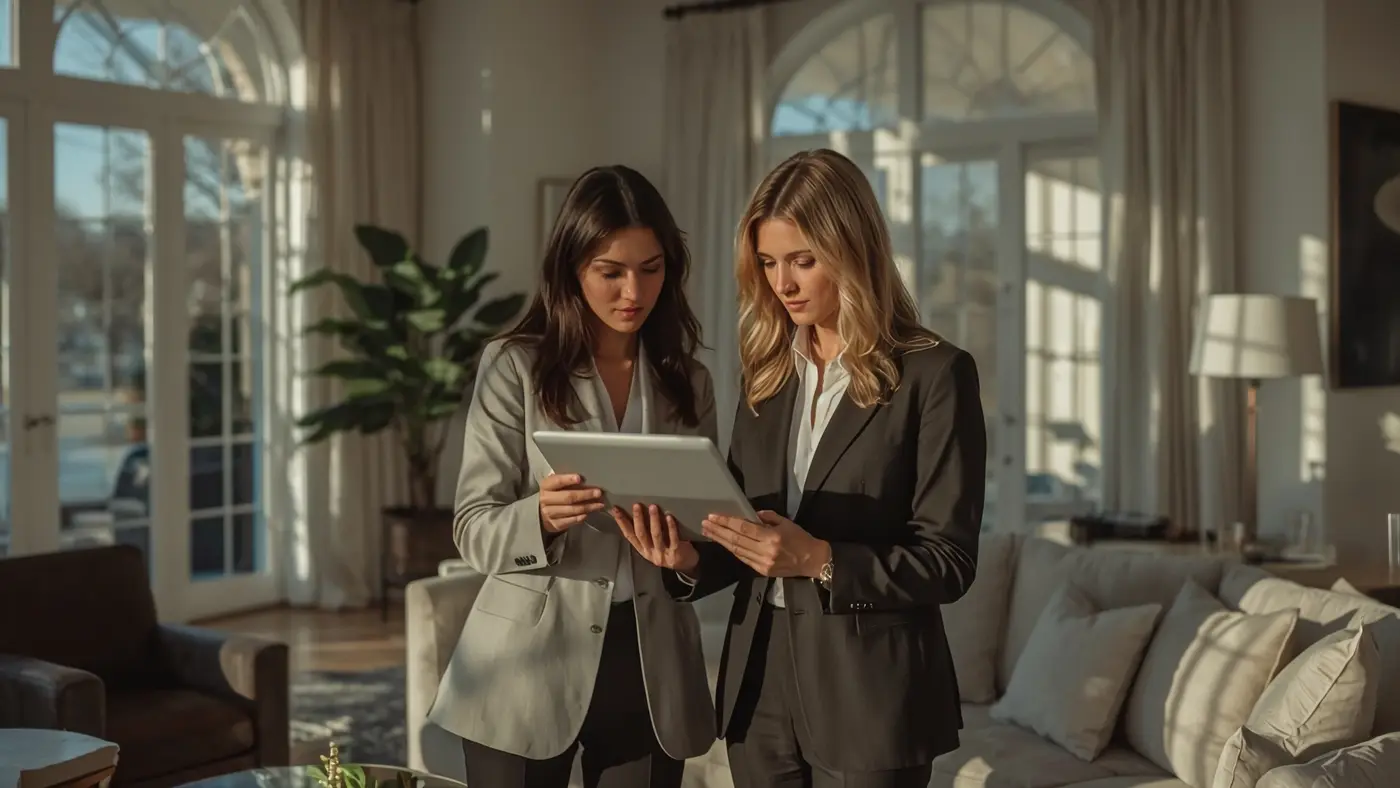 A hyper-realistic scene of a real estate agent and a creator collaborating in a luxury living room, reviewing property details on a tablet, with natural sunlight and upscale decor.