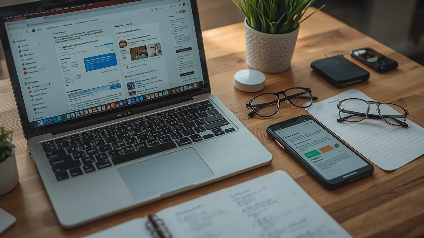 A hyper-realistic close-up of a digital marketer's desktop with a laptop, handwritten notes, a smartphone showing a content calendar, and glasses, all under natural lighting.