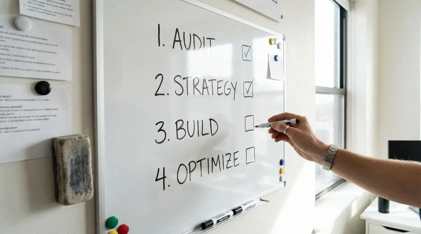 whiteboard-four-step-implementation-checklist-audit-strategy-build-optimize