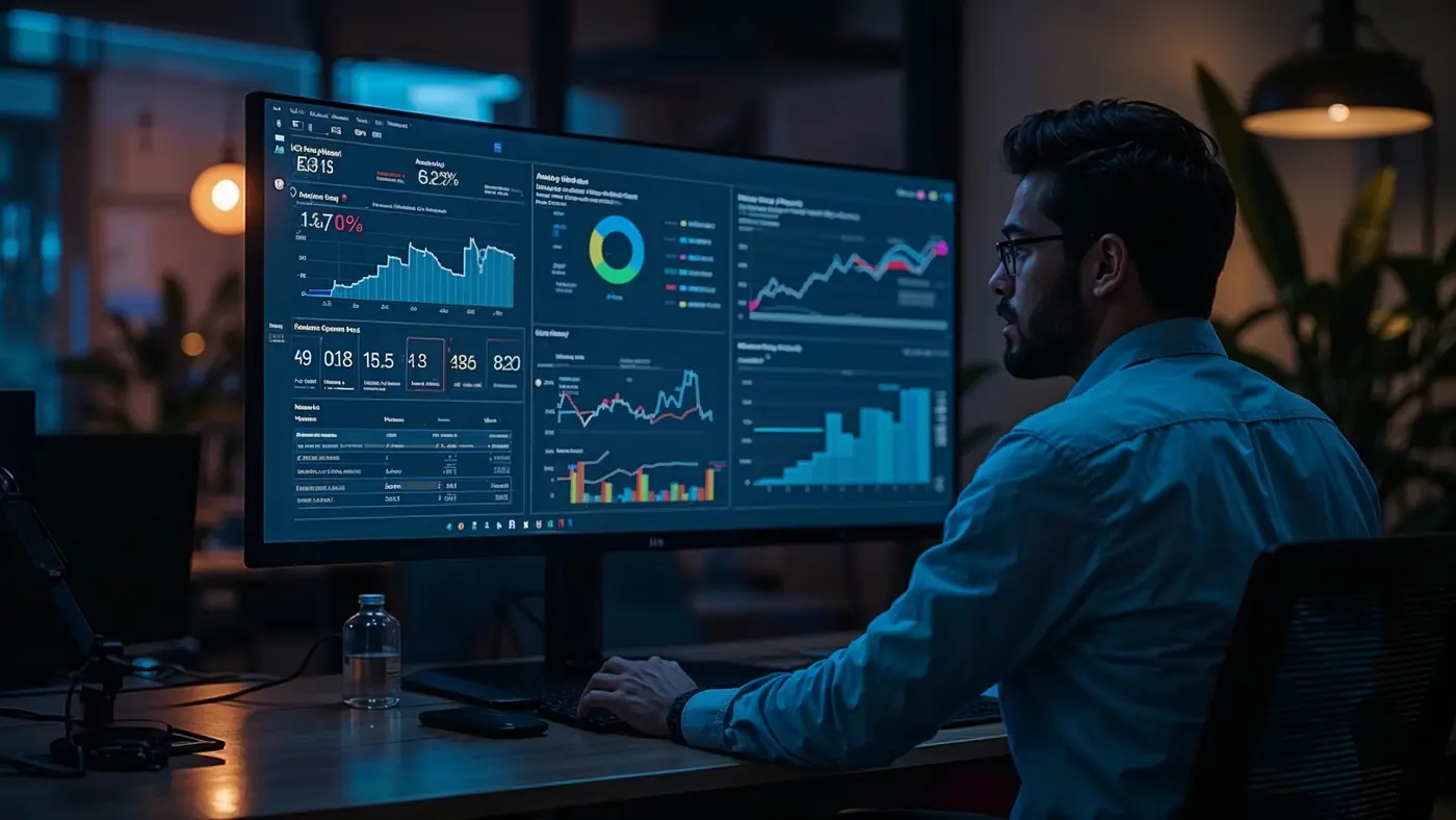 Marketing analyst reviewing AI-driven performance dashboards and predictive analytics for Facebook ads in a contemporary office.