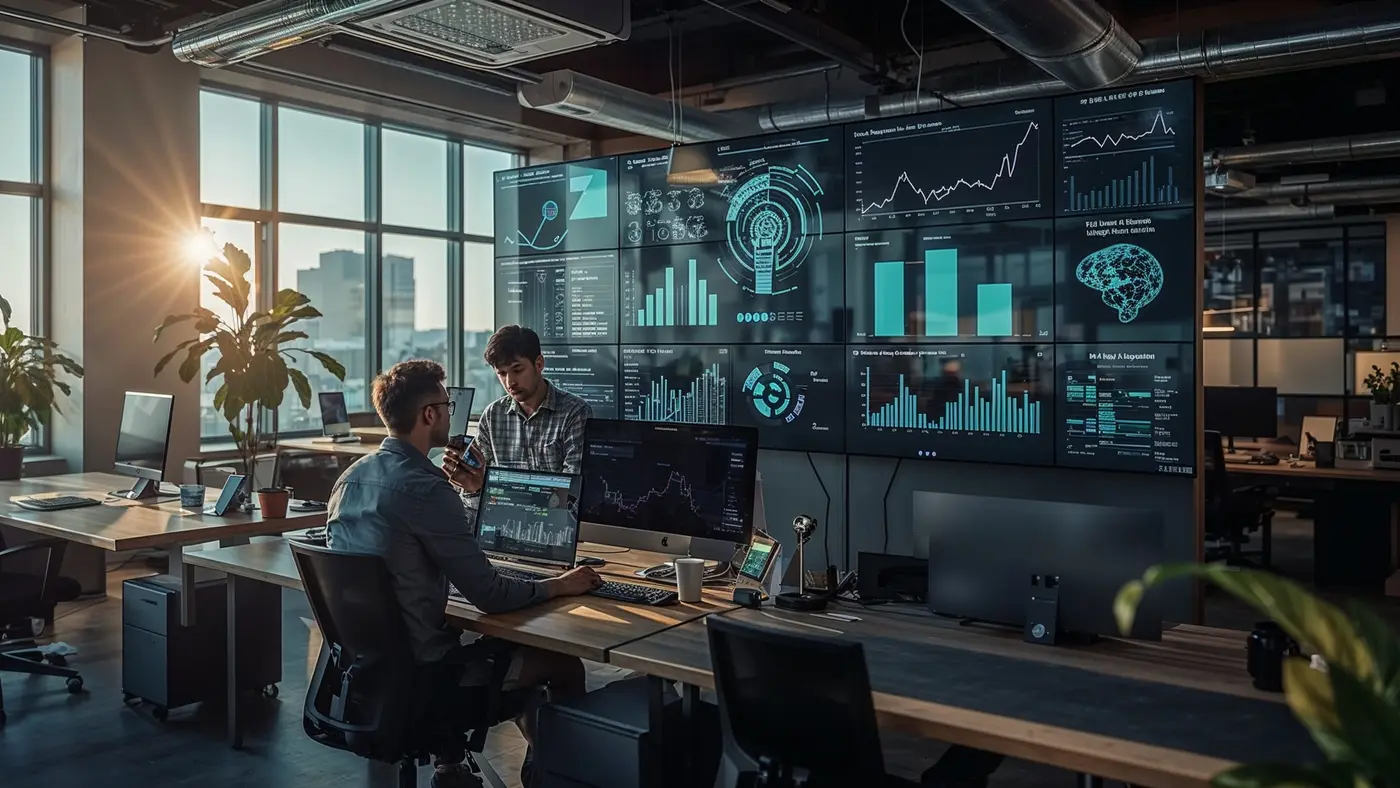 Two professionals collaborating in a high-tech agency office, analyzing AI-powered social media data on large digital screens with sunlight streaming in, real photo style.