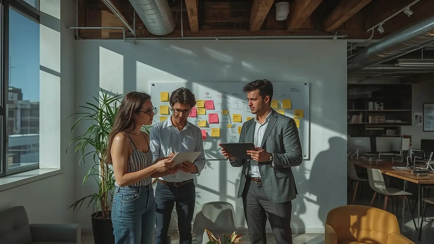 A hyper-realistic photo of two creative professionals brainstorming with sticky notes and digital tablets in a modern, sunlit office, collaborating dynamically on digital marketing strategies.