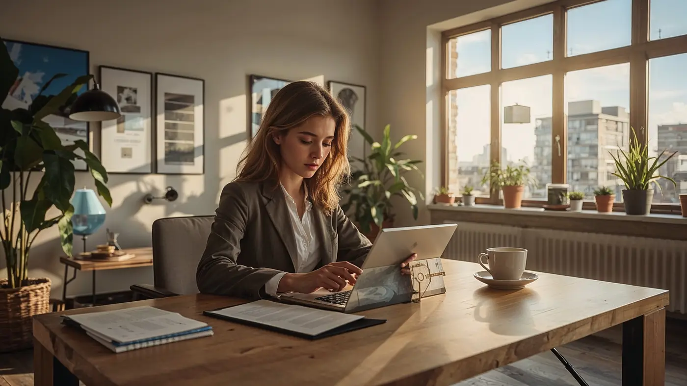 A hyper-realistic image of a creative entrepreneur designing an e-book cover on a tablet in a sunlit studio, surrounded by digital product mockups and creative tools.