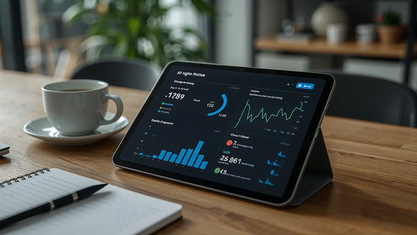 A hyper-realistic close-up photo of a tablet on a modern desk displaying AI-powered coaching metrics, with a coffee cup and notepad beside it.