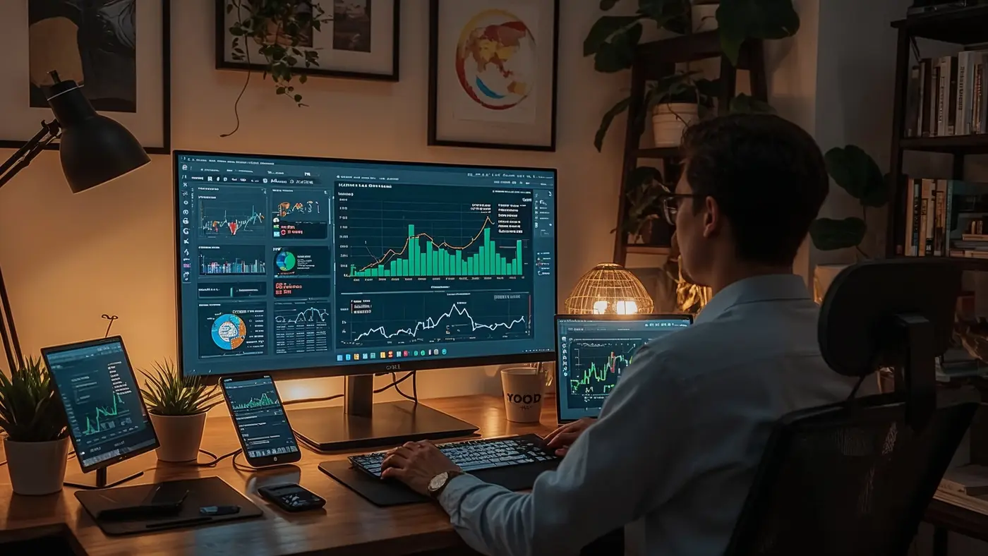 Digital marketing agency owner reviewing course analytics on multiple devices, showing global and mobile learning content.