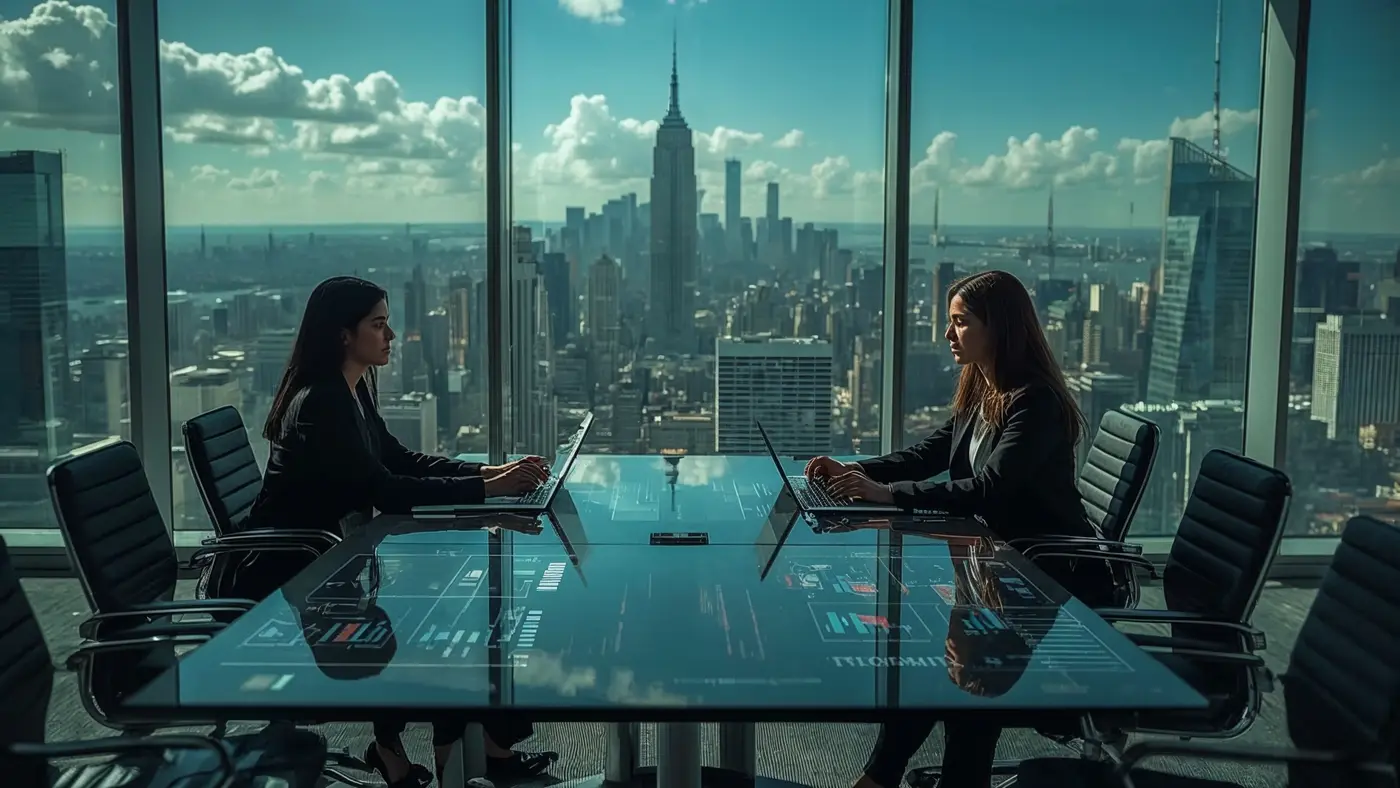 A hyper-realistic photo of two business executives meeting in a glass-walled conference room, with digital asset charts and AI analytics on the table, overlooking a city skyline.