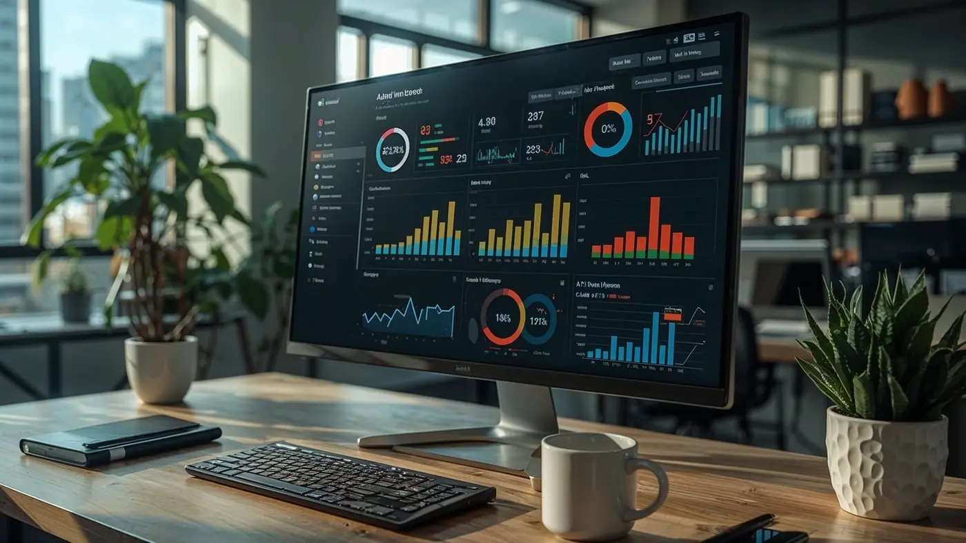 A hyper-realistic close-up of an AI-powered analytics dashboard displaying audience segmentation, graphs, and real data on a widescreen monitor in a contemporary office, with natural workspace lighting.