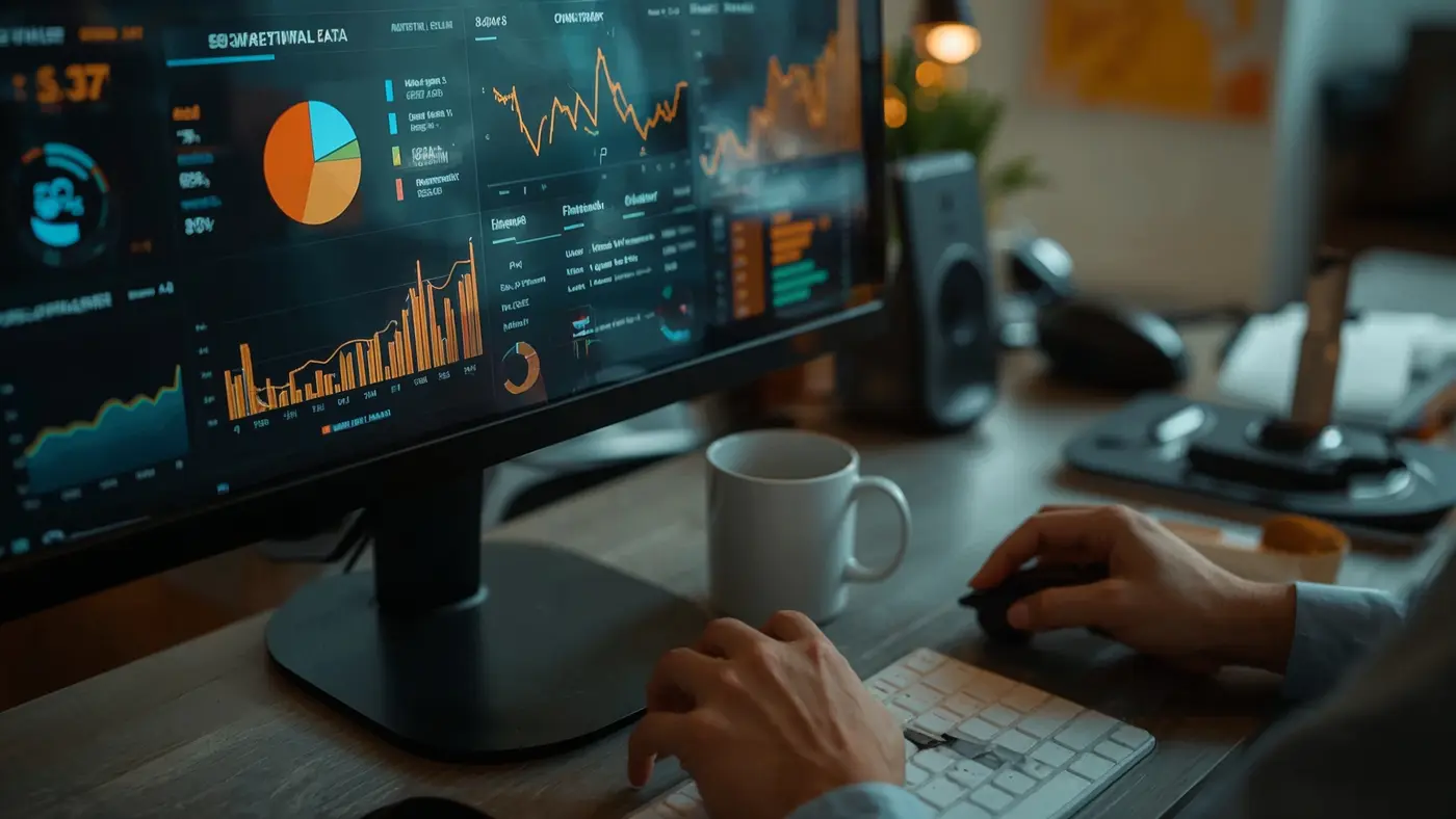 Close-up of a high-tech dashboard with live AI funnel analytics and segmentation data, with hands interacting at a modern workspace