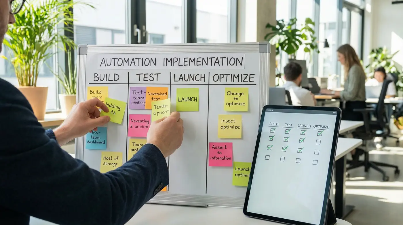 automation-implementation-checklist-board-with-steps-build-test-launch-optimize