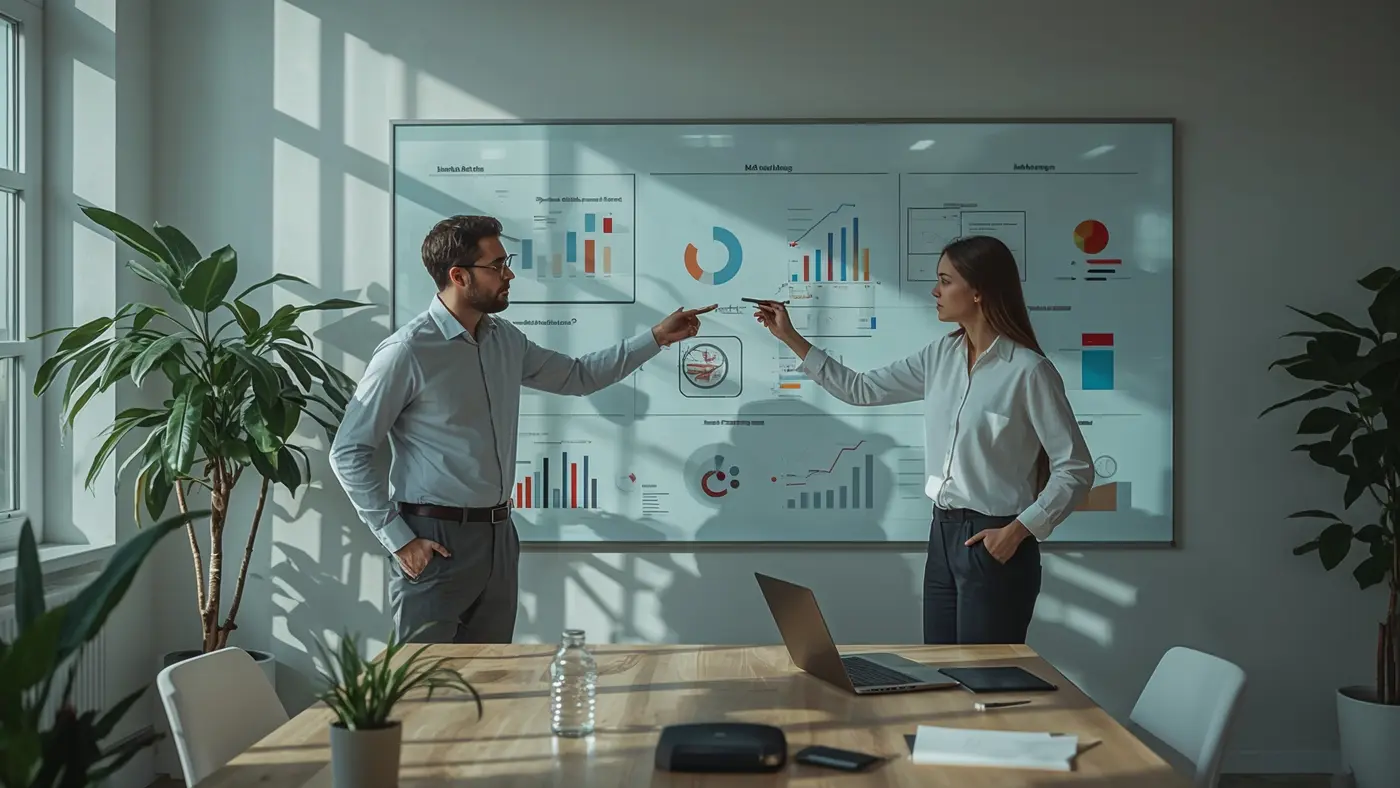 Two professionals collaborating over a digital whiteboard with AI-generated charts in a high-tech, well-lit office.