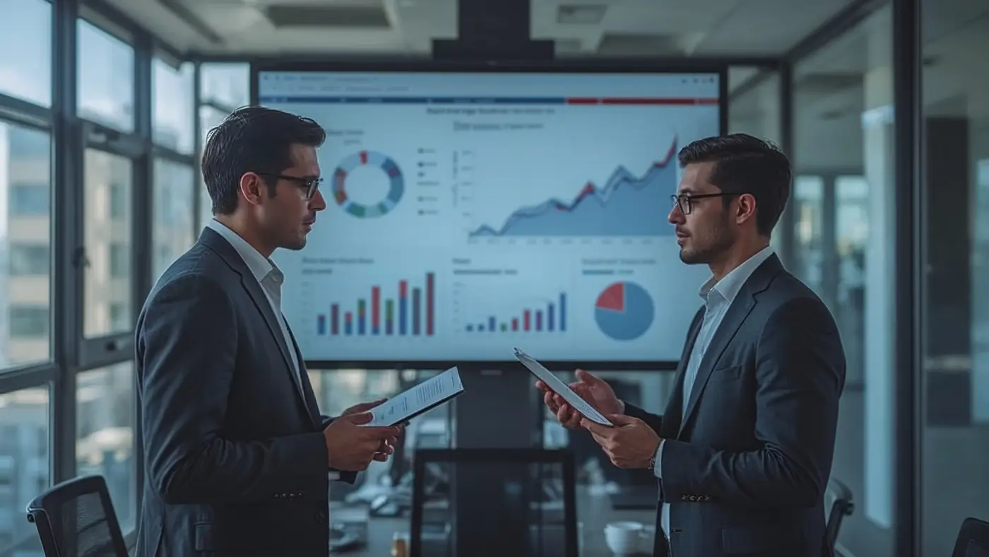 A hyper-realistic image of two entrepreneurs in a modern office; one holds a print-on-demand planner, the other reviews AI-generated charts on a screen. The lighting is bright and natural, highlighting their collaboration and the integration of advanced AI tools in a contemporary business environment.