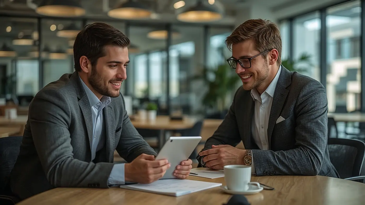 Business consultant training small business owner on AI automation using a tablet in a bright, authentic office