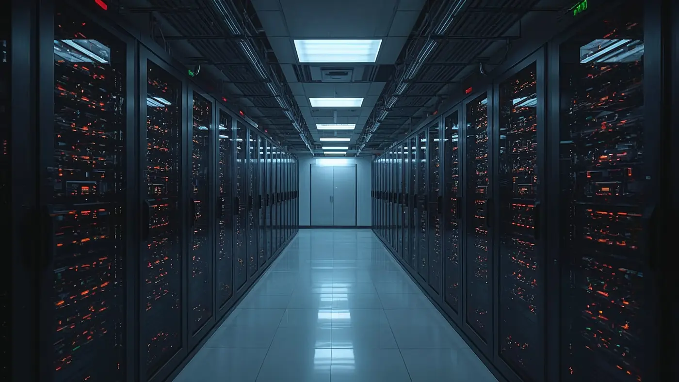 A hyper-realistic automated server room with advanced AI hardware and glowing panels, representing the backbone of AI support automation