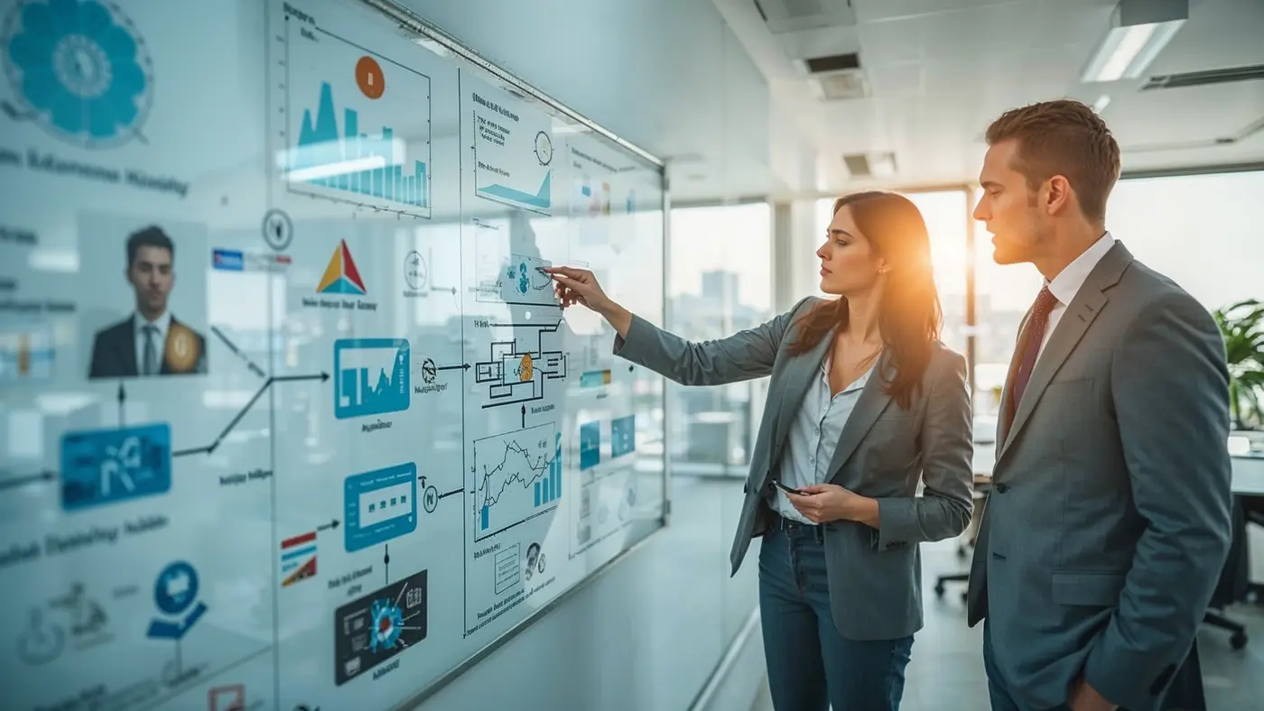 Two professionals collaborating at a digital whiteboard with AI workflow diagrams in a bright, modern office environment