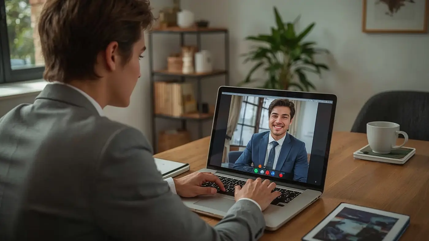 A hyper-realistic photo of a professional video call, showing a confident individual working with a client from a contemporary home office with natural daylight and tasteful décor.